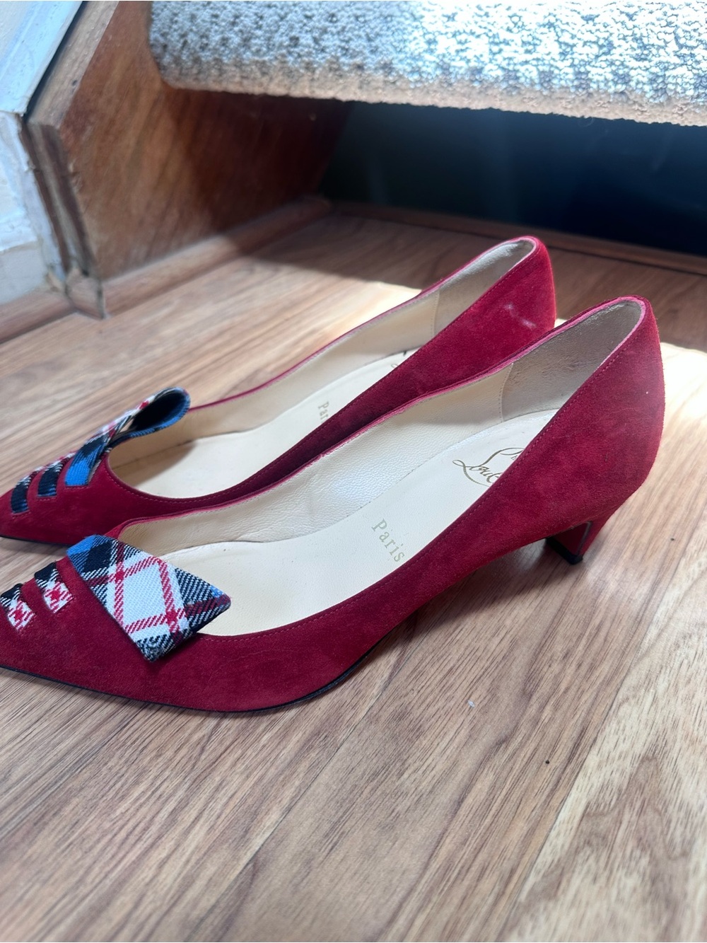 Christian Louboutin Red Suede Plaid-Trim Pointed Toe Pumps - Picture 2 of 5
